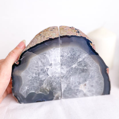 Natural Agate crystal geode stone bookend pair grey XL 2