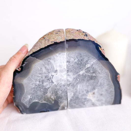 Natural Agate crystal geode stone bookend pair grey XL 2