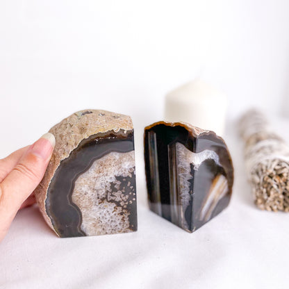 Natural Agate crystal geode bookend pair brown