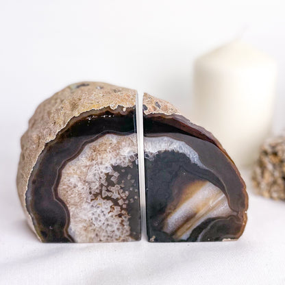 Natural Agate crystal geode bookend pair brown