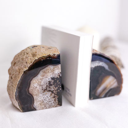 Natural Agate crystal geode bookend pair brown