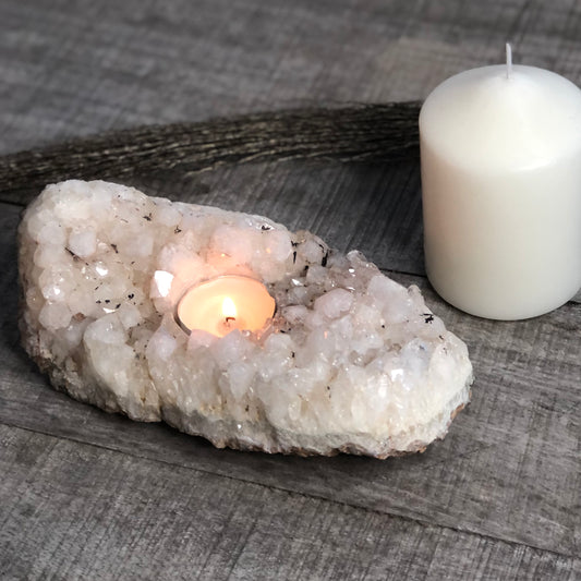 Snow clear quartz crystal cluster candle