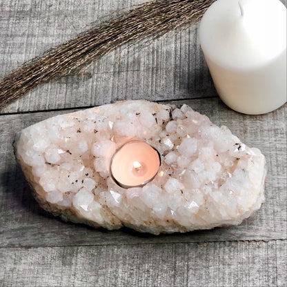 Snow clear quartz crystal cluster candle
