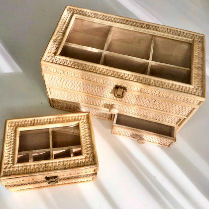 Boho rattan jewellery / weaved glass top storage box