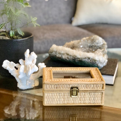 Boho rattan jewellery / weaved glass top storage box