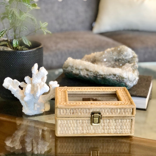 Boho rattan jewellery / weaved glass top storage box