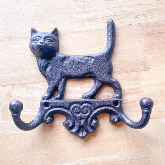 Cat cast iron vintage wall hook double