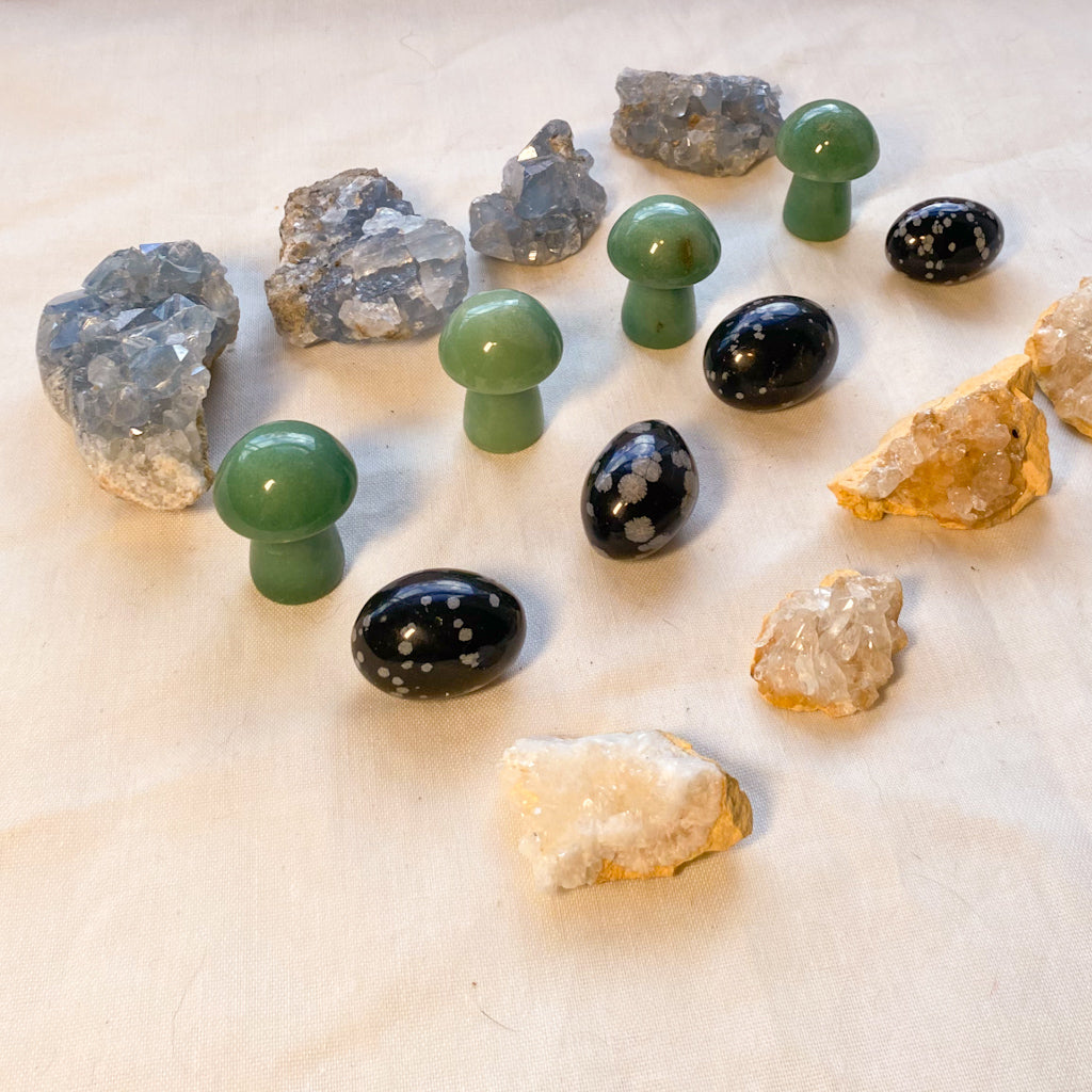 Aventurine mushroom, celestite, calcite and snowflake obsidian crystal set of 4