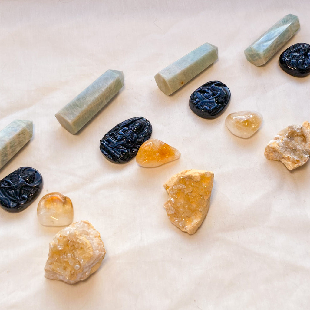 Amazonite, obsidian calcite and citrine crystal set of 4