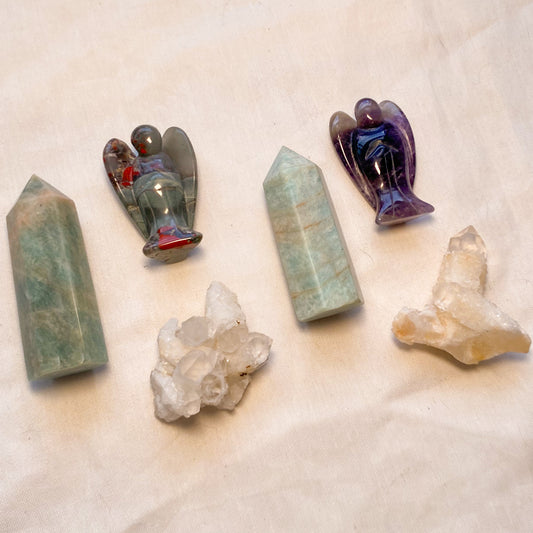 Cactus quartz, amazonite tower and angel crystal set of 3
