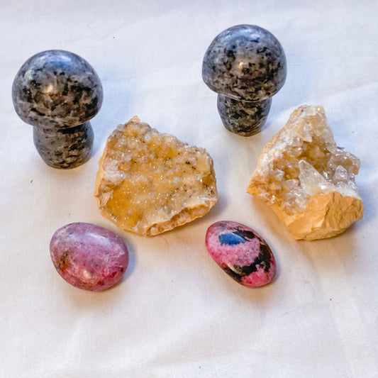 Rhodonite palm stone, Calcite cluster, Larvikite mushroom crystal set of 3