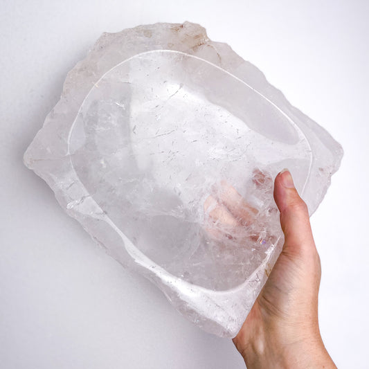 Clear quartz grade A crystal bowl with rainbow inclusions XL