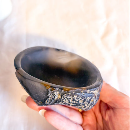 Natural black agate crystal slab bowl