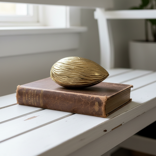 A textured metallic gold bowl with lid resembling a huge nut or seed, resting on top of a vintage brown book on a white wooden slatted table.