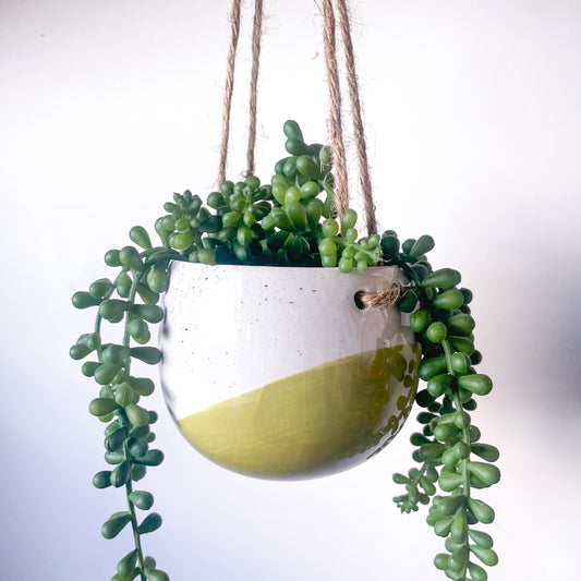 Olive and cream ceramic hanging planter pot