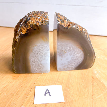 Natural agate quartz crystal geode stone bookend pair