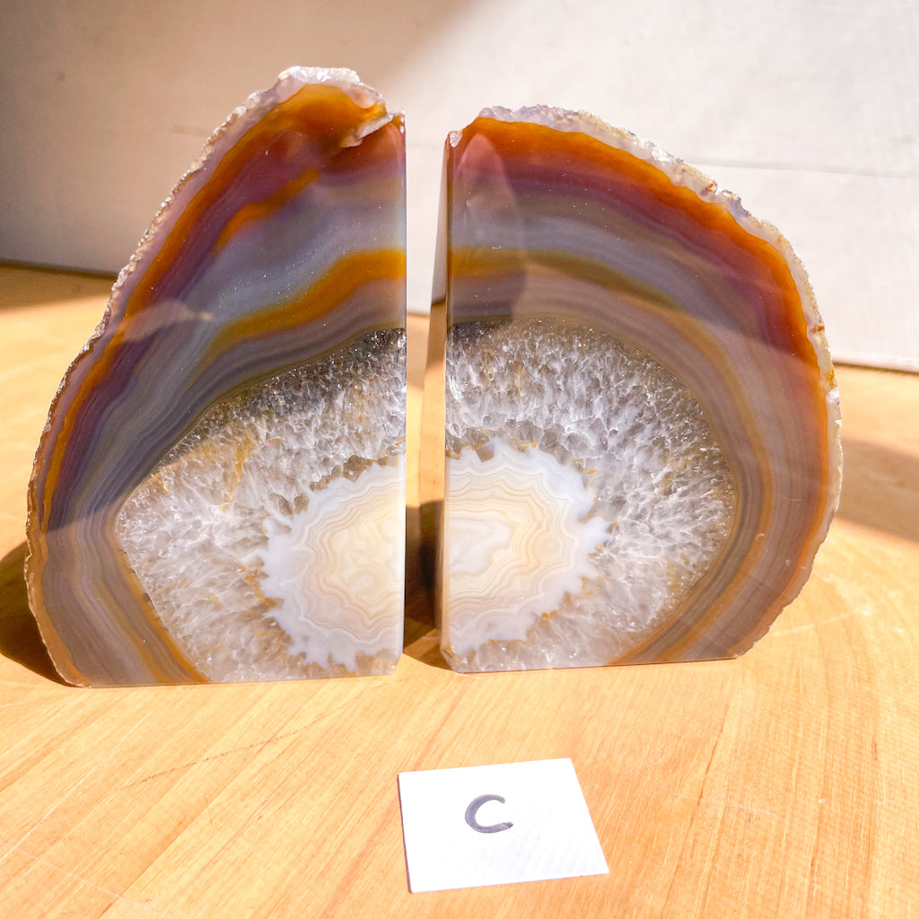 Natural agate quartz crystal geode stone bookend pair