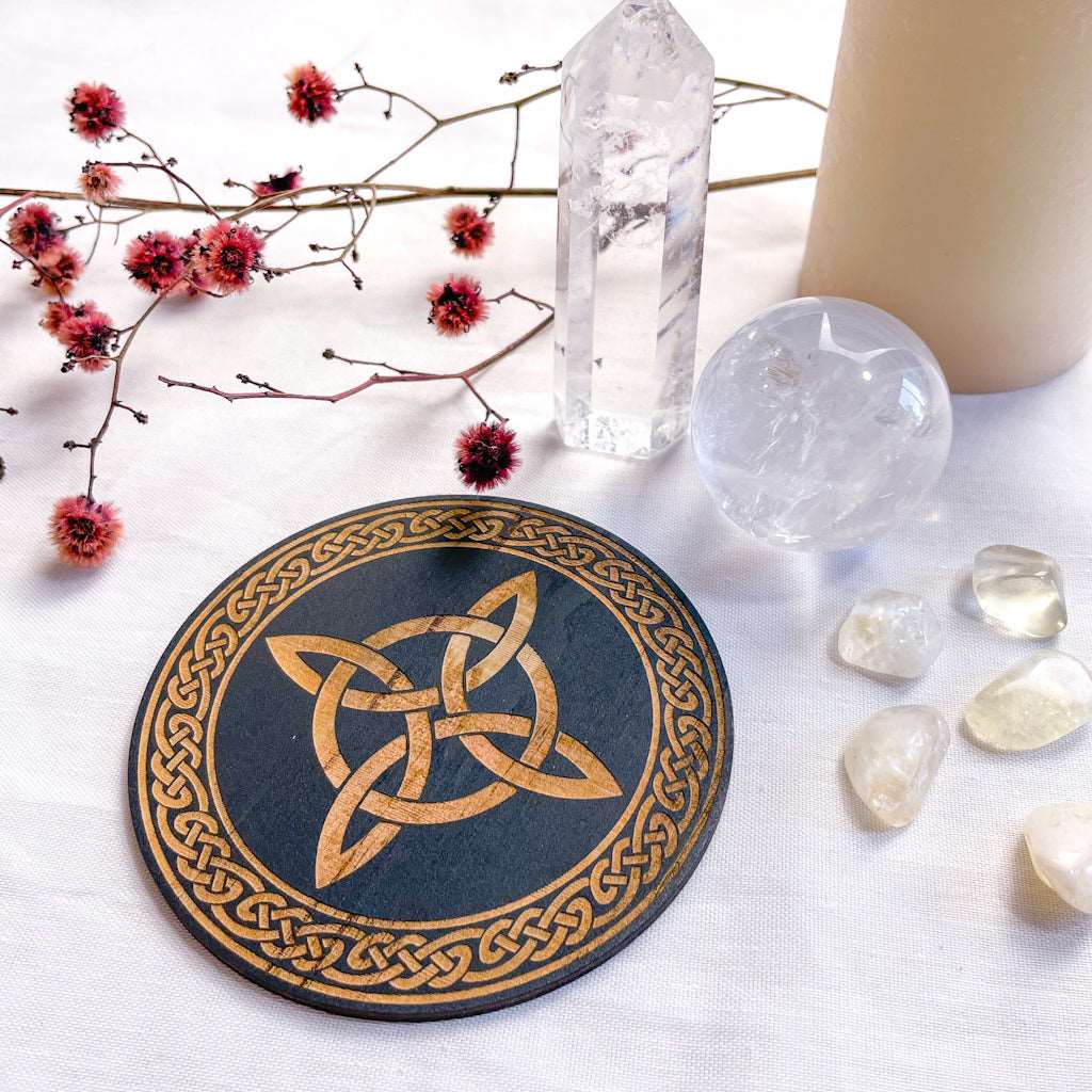 Celtic witches knot crystal grid wooden plate