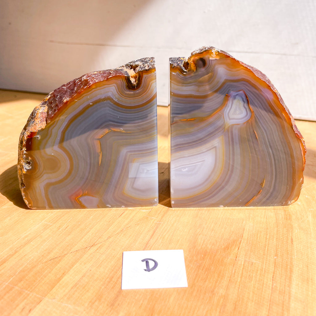 Natural agate quartz crystal geode stone bookend pair