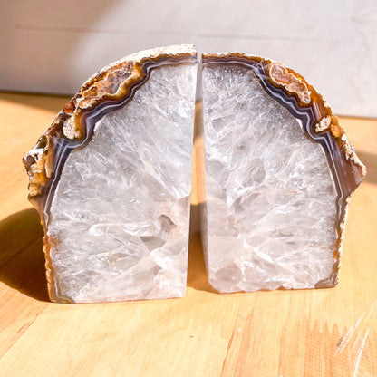 Clear quartz agate crystal bookend pair