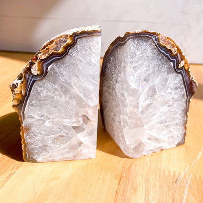 Clear quartz agate crystal bookend pair