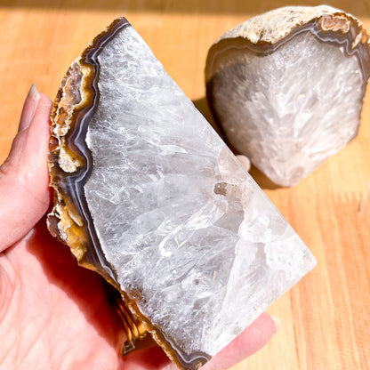 Clear quartz agate crystal bookend pair