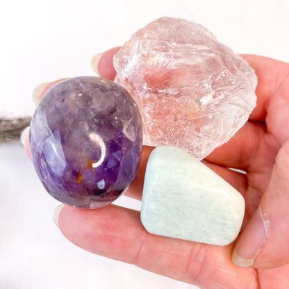 Trio of crystals - Amethyst palm stone, Clear quartz raw, Amazonite tumble