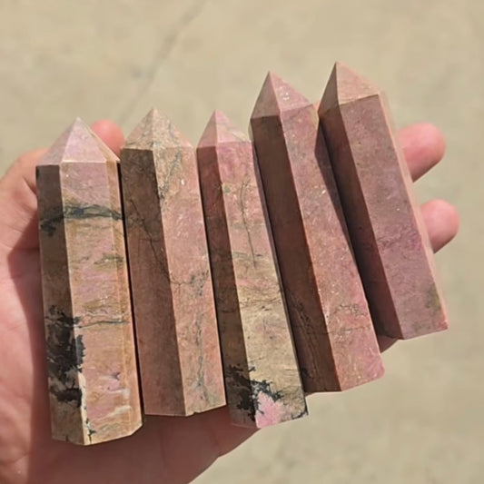 Dusty pink rhodonite crystal tower