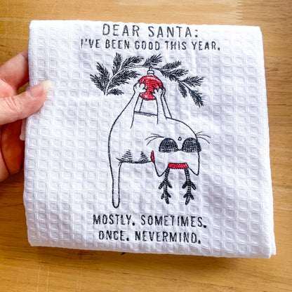 Funny Christmas embroidered tea towel - mug shot santa, naughty cat or trex tree