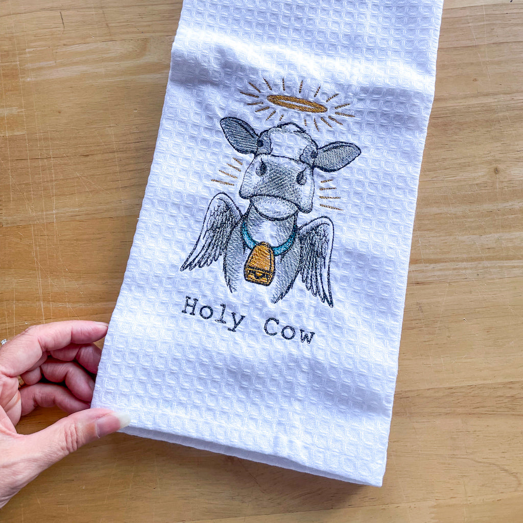 Holy Cow embroidered tea towel