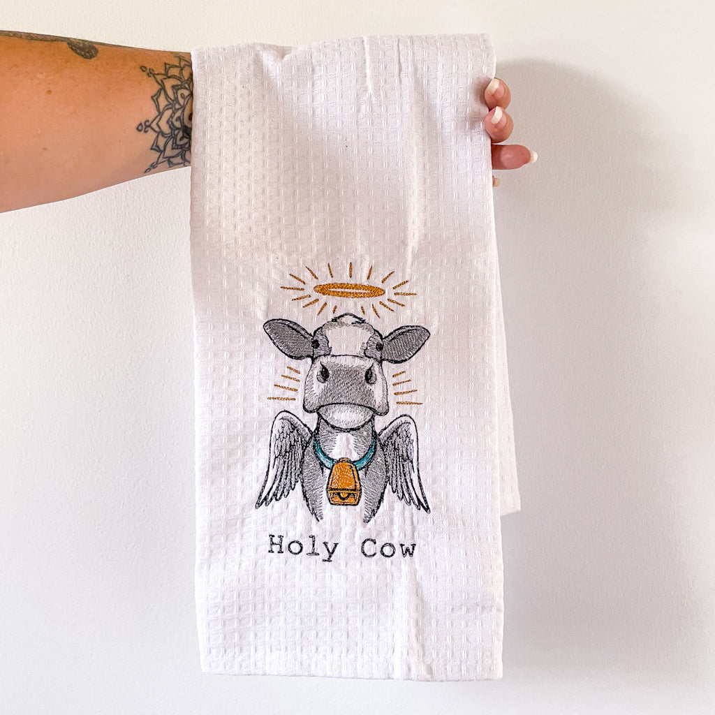 Holy Cow embroidered tea towel