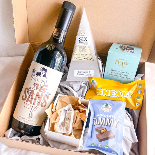 GUILT FREE GIFT BOX - zero espresso martini, vegan chocolates, crystals, tea and candle