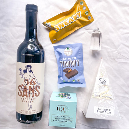 GUILT FREE GIFT BOX - zero espresso martini, vegan chocolates, crystals, tea and candle