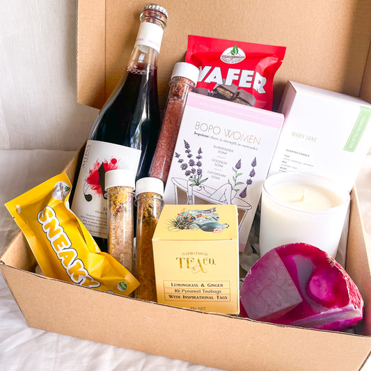 CHEEKY INDULGENCE GIFT BOX - zero sangria, mary jane candle, bath salts, inspo tea, vegan choccys, & a crystal