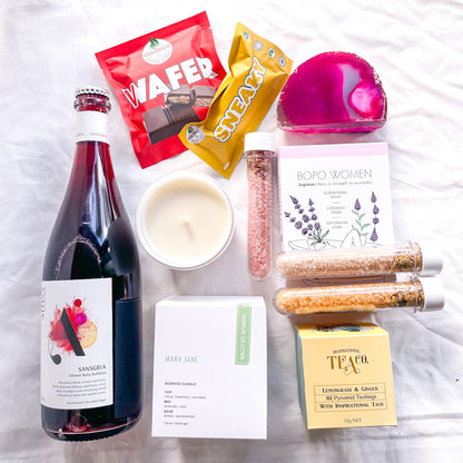 CHEEKY INDULGENCE GIFT BOX - zero sangria, mary jane candle, bath salts, inspo tea, vegan choccys, & a crystal