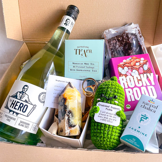 AWESOME GIFT BOX - Sauv Blanc wine, chocolate, crystal, tea, incense and crochet cutie