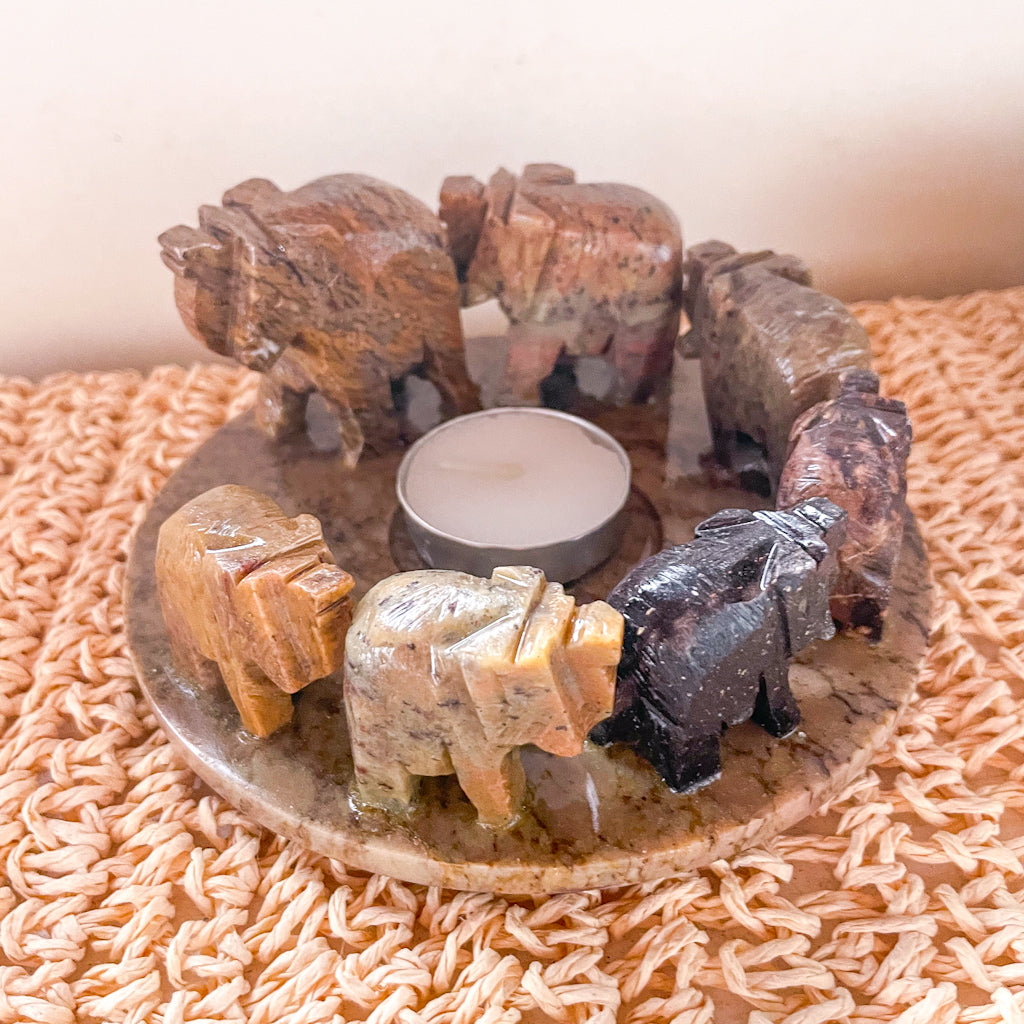 Lucky elephant crystal soapstone incense / candle holder