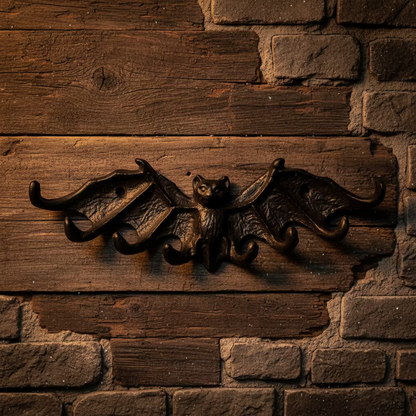 Black bat-shaped wall hook on a wooden surface