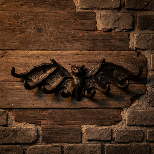 Black bat-shaped wall hook on a wooden surface