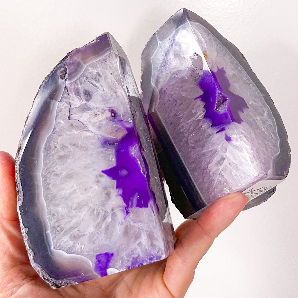 Agate crystal bookends purple