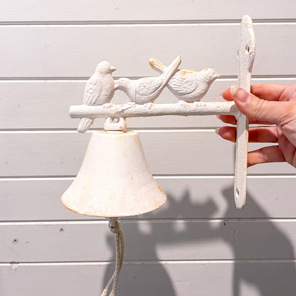 Cast iron vintage door bell wall hanging - white washed 3 birds