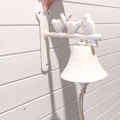 Cast iron vintage door bell wall hanging - white washed 3 birds