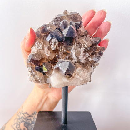 Smoky quartz crystal cluster on stand 730g