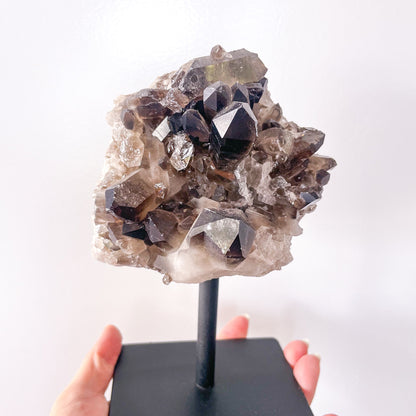 Smoky quartz crystal cluster on stand 730g