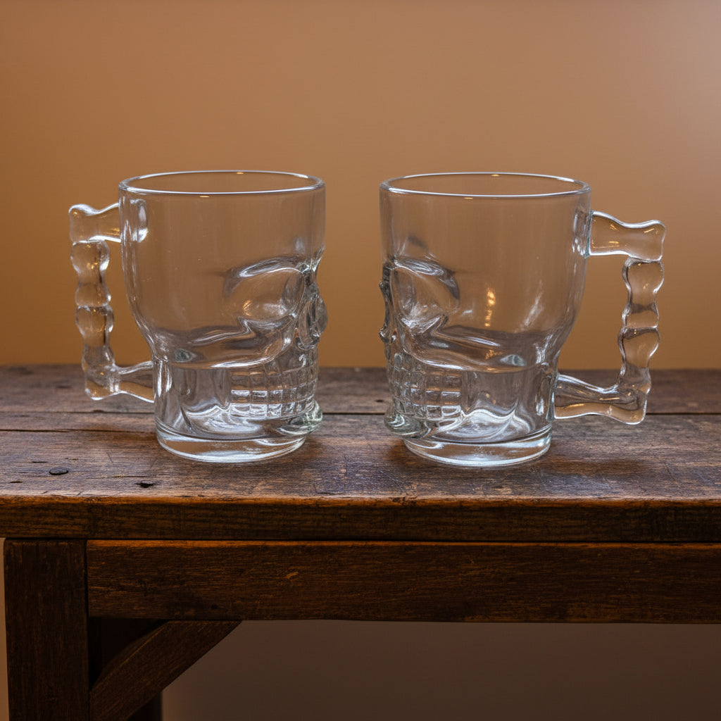 Two clear skull-shaped glass mugs on a light surface with a neutral background