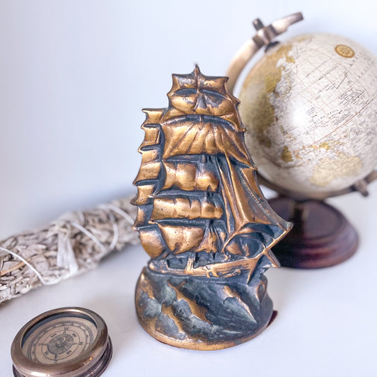 Antique brass ship bookend statue c. 1920s