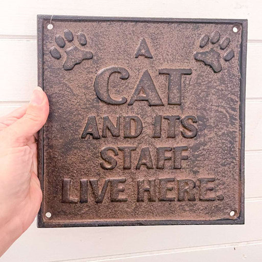 Cat and staff live here cast iron vintage wall hanging sign
