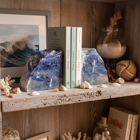 Two rough blue lapis lazuli crystal blocks standing upright on a white fabric surface against a beige background.