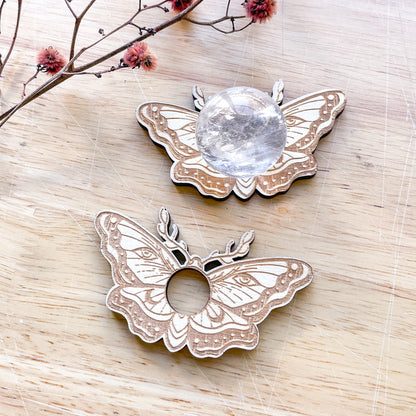 Death moth / butterfly crystal sphere stand / wooden plate