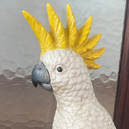 Yellow crested cockatoo iron door stop statue